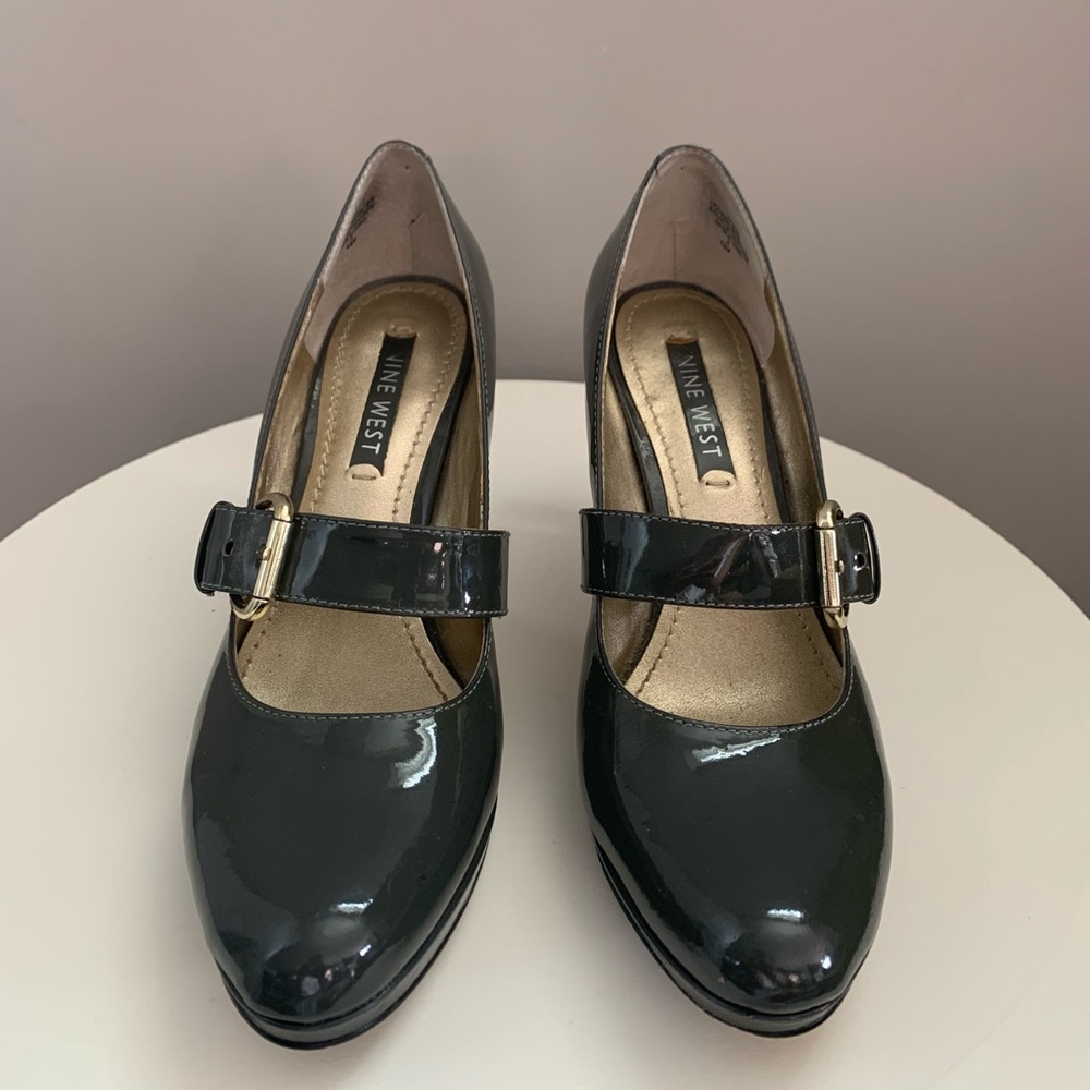 Nine West grey patent leather strap heels